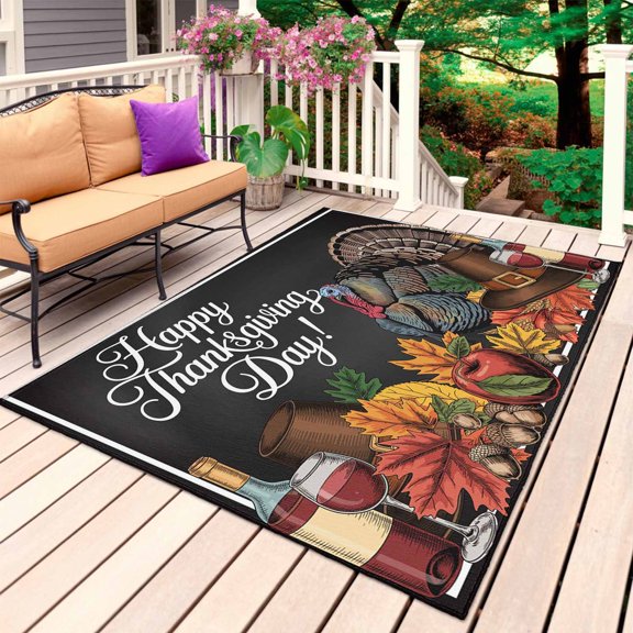 Thanksgiving Turkey Outdoor Rug 4x6 Ft, Non Slip Washable Area Rug, Fall Maple Leaf Black Patio Rugs Carpet Runner, Large Floor Mat for Indoor/Outdoor Deck Porch Camping