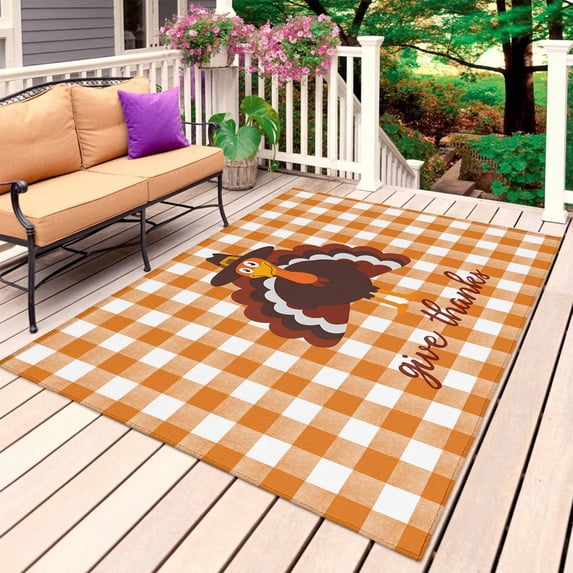 Thanksgiving Turkey Outdoor Rug 4x6 Ft, Non Slip Washable Area Rug, Fall Orange Farmhouse Plaid Patio Rugs Carpet Runner, Large Floor Mat for Indoor/Outdoor Deck Porch Camping