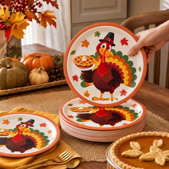 Thanksgiving Turkey Paper Plates, 20 Pack Disposable Party Tableware for Holiday Dinner Buffet Family Gathering and Fall Celebrations