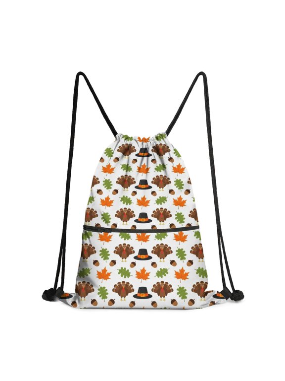 Thanksgiving Turkey Pilgrim Hat Acorn Leaf Drawstring Backpack,Waterproof Hiking Cinch Backpack with Front Zipper Pocket & Drawstring Closure, Tear Resistant Gifts for Birthday Christmas Outdoor