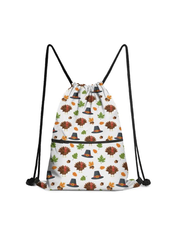 Thanksgiving Turkey Pilgrim Hat Pattern Drawstring Backpack,Waterproof Hiking Cinch Backpack with Front Zipper Pocket & Drawstring Closure, Lightweight Portable Gifts for Birthday Christmas Outdoor