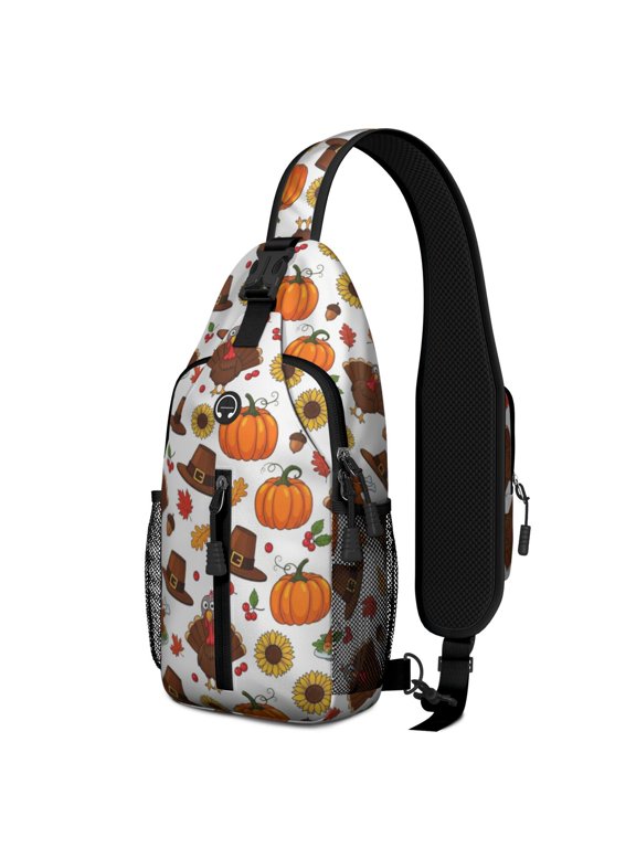 Thanksgiving Turkey Pilgrim Hat Sunflower Sling Backpack, Travel Shoulder Pack with Earphone Port, Multi Pocket Design Gift Ideas for Hiking Cycling Walking