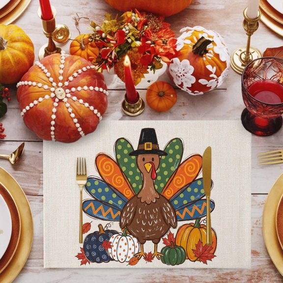 Thanksgiving Turkey Placemats Set of 1 Fall Cartoon Polka Dot Turkey Pumpkin Retro Heat Insulation Washable Place Mats, Non-Slip Table Mats for Dining Table Party Kitchen Decor, 13x19 Inch