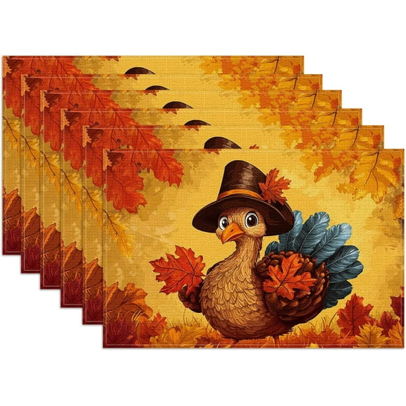 Thanksgiving Turkey Placemats Set of 6, Fall Maple Leaf Linen Place Mat Washable Stain Resistant Table Mats for Farmhouse Kitchen Party Decor 12x18 Inch