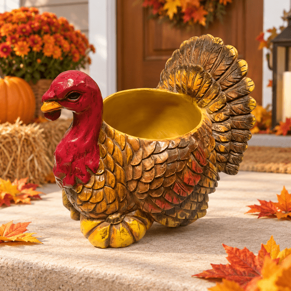 Thanksgiving Turkey Planter Decorative Turkey Flowers Pot For Garden Porch Patio Tabletop Fall Harvest Centerpiece Seasonal Home Decor Orange