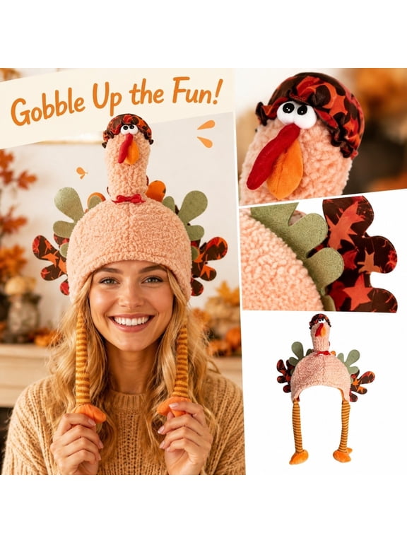 Thanksgiving Turkey Plush Costume Hat, Funny Turkey Beanie for Men Women, Novelty Holiday Party Headwear, Cute Gobble Gobble Winter Knit Cap with 3D Turkey Design