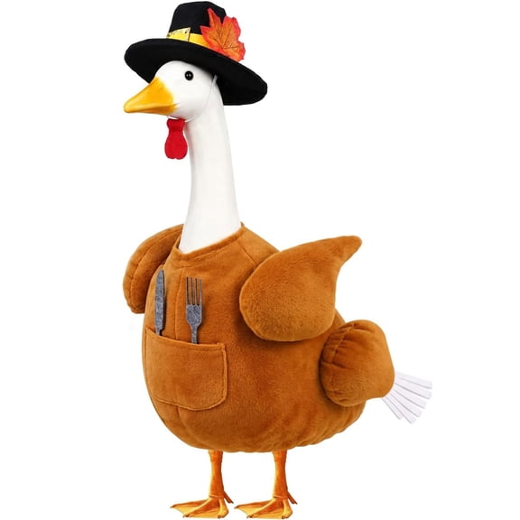 Thanksgiving Turkey Porch Goose Outfit with Cutlery for 23" Goose Statue Fall Autumn Sculpture Clothes for Plastic/Cement Statue Duck Costume for Garden Patio Yard Lawn Art Decoration