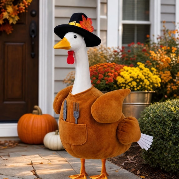 Thanksgiving Turkey Porch Goose Outfit With Cutlery For 23 Inch Goose Statue, Fall Autumn Sculpture Clothes For Plastic Cement Statue Garden Patio Yard Lawn Art Decor