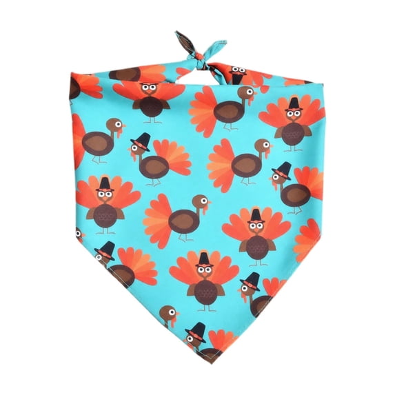 Thanksgiving Turkey Print Fall Dog Bandana with Adjustable Tie, 1 Pack, Light Blue, for Small Dogs and Cats