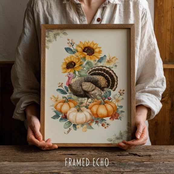 Thanksgiving Turkey Print Farmhouse Autumn Decor, Stretched Canvas 12x16in