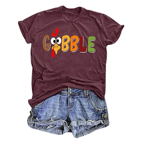 Thanksgiving Turkey Print Women's Short Sleeve T Shirt Crew Neck Top For Casual Wear Neck Top for Women Medium Shirt Women T Shirt Medium Pack T Shirts Spandex Tops Loose Short Sleeve Active Wear