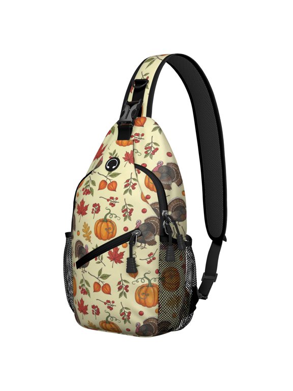 Thanksgiving Turkey Pumpkin Berry Pattern Sling Backpack, Unisex Cycling Crossbody Bag with Side Mesh Pockets, Adjustable Ambidextrous Strap Gift Ideas for Hiking Cycling Walking