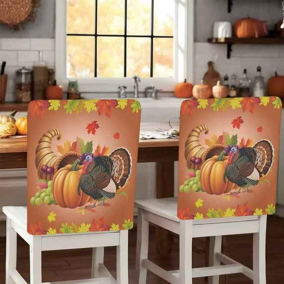 Thanksgiving Turkey Pumpkin Chair Covers Set of 6 Fall Maple Leaves Harvest Chair Back Covers Stretch Removable Washable Slipcovers Protector for Dining Room Kitchen Party Decor