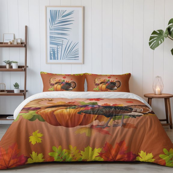 Thanksgiving Turkey Pumpkin Cornucopia California King Size Bed Set,Autumn Maple Leaves Bedding for All Seasons,4 Pcs Bed Set with 1 Quiltcover (96"x104"),1 Sheet (110"x98"),2 Pillowcases (20"x36")