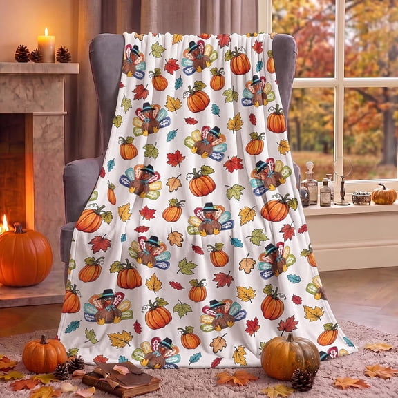 Thanksgiving Turkey Pumpkin Fall Leaves Blanket