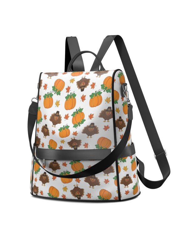 Thanksgiving Turkey Pumpkin Maple Leaf Fashion Backpack, Convertible Shoulder Bag with Side Bottle Pockets & Convertible Strap, Large Capacity Gifts for Women Casual Use