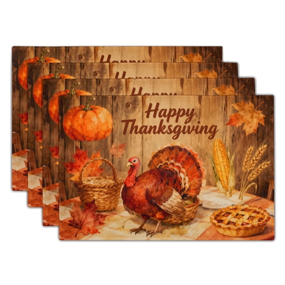 Thanksgiving Turkey Pumpkin Maple Leaf Pattern Linen Placemat Set of 4 Autumn Placemats 12x18 Inch for Kitchen Dining Decoration