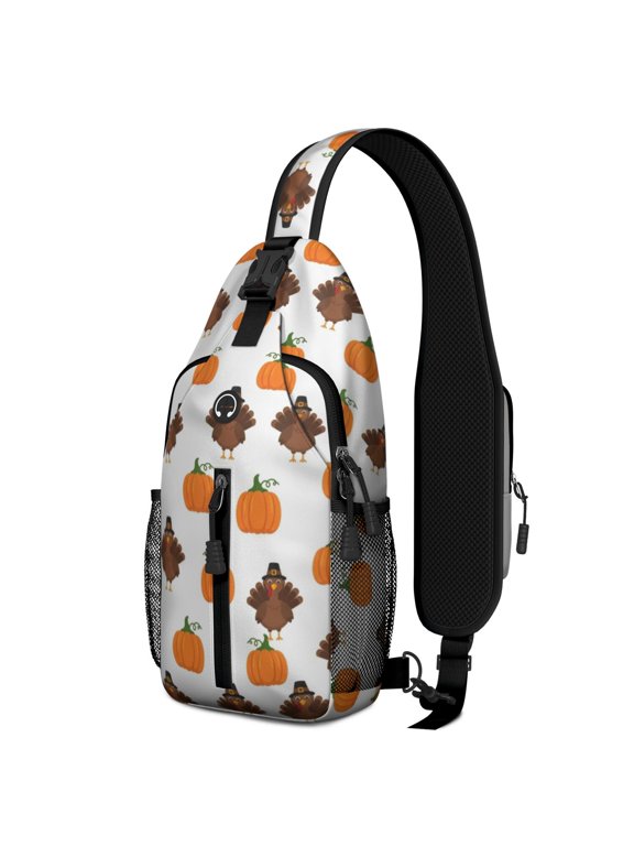 Thanksgiving Turkey Pumpkin Maple Leaf Sling Backpack, Travel Shoulder Pack with Earphone Port, Adjustable Strap Gift Ideas for Holiday Birthday Gifts