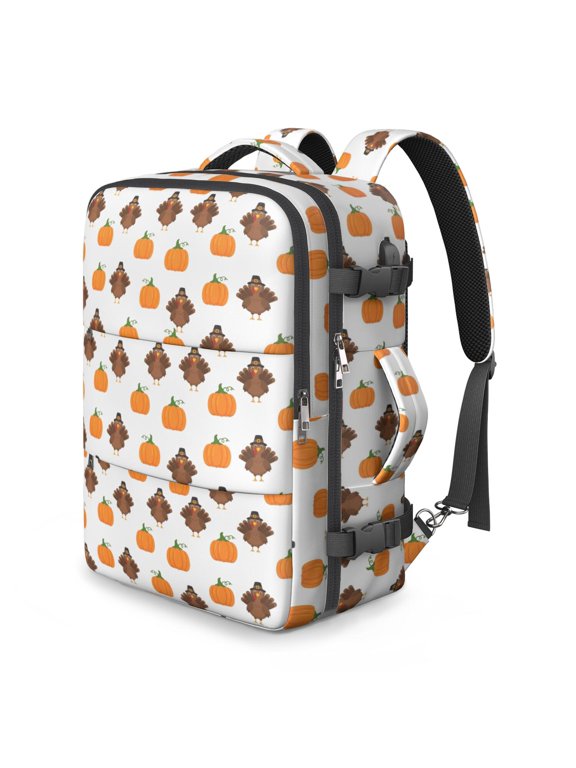 Thanksgiving Turkey Pumpkin Maple Leaf Travel Laptop Backpack, Weekender Backpack with Multi Compartments & USB Port, Hideaway Straps Gifts for Men Women