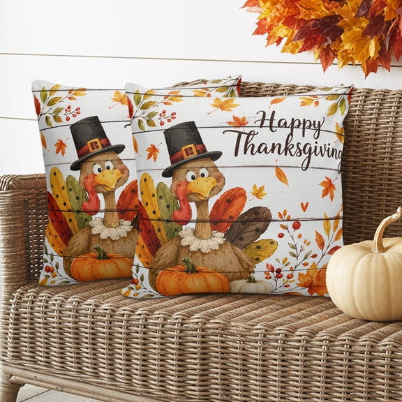 Thanksgiving Turkey Pumpkin Outdoor Pillow Covers Waterproof Throw Pillow Cover 16x16in Set of 2,Square Decorative Pillowcases Cushion Case for Patio Sofa Couch,Fall Maple Leaves on Plank