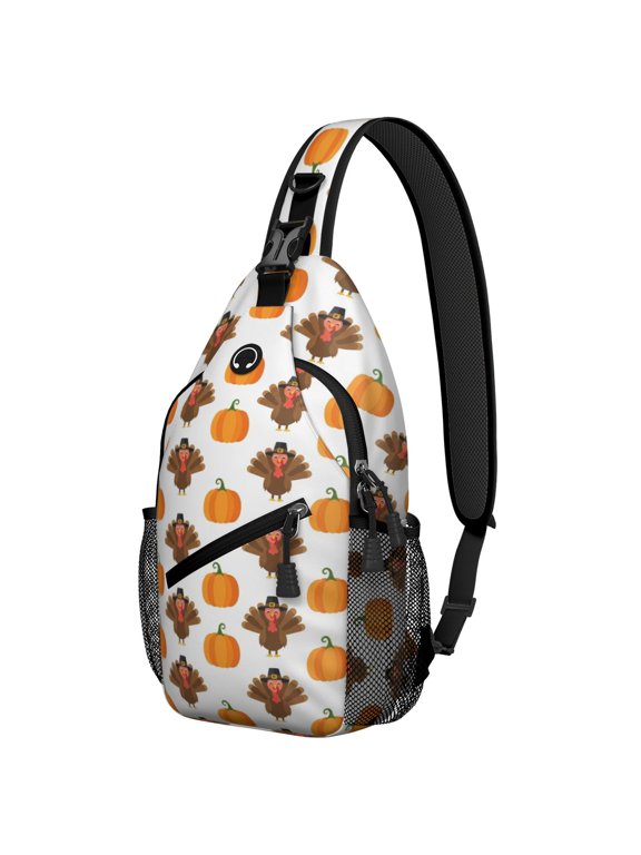 Thanksgiving Turkey Pumpkin Pattern Sling Backpack, Unisex Hiking Chest Pack with Side Mesh Pockets, Earphone Hole Port Gift Ideas for Holiday Birthday Gifts