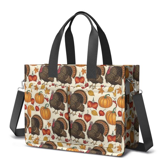 Thanksgiving Turkey Pumpkin Physalis Pattern Canvas Messenger Tote Bag, Teacher Tote with Multi Pockets & Removable Strap, Large Capacity Gifts for Work Travel Shopping