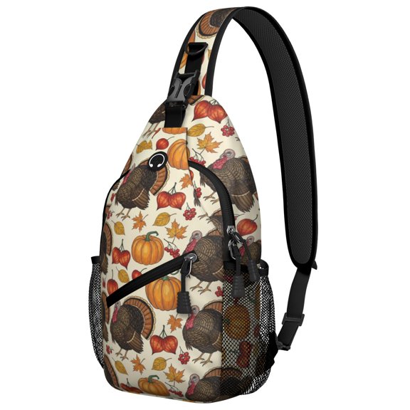 Thanksgiving Turkey Pumpkin Physalis Pattern Sling Backpack, Unisex Hiking Chest Pack with Side Mesh Pockets, Adjustable Ambidextrous Strap Gift Ideas for Hiking Cycling Walking