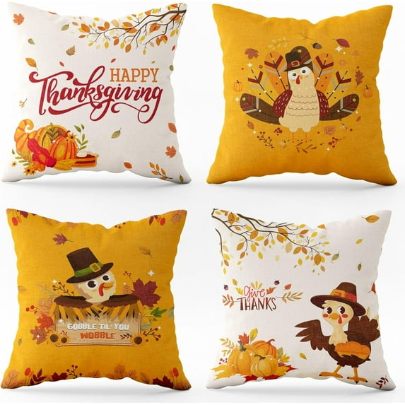 Thanksgiving Turkey Pumpkin Pillow Covers Happy Thanksgiving Harvest Decorative Throw Pillow Cover Outdoor Line Cushion Cases for Sofa Couch Set of 4