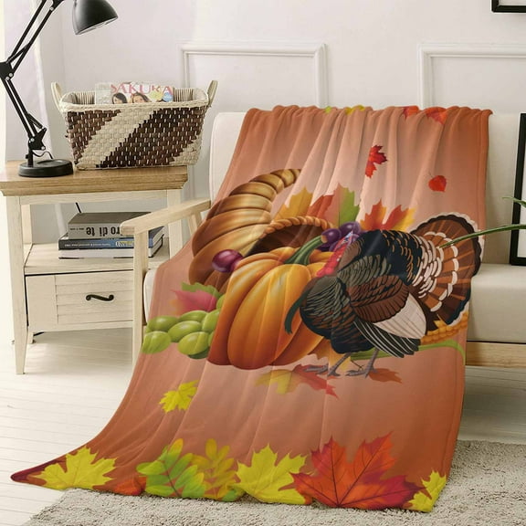 Thanksgiving Turkey Pumpkin Throw Flannel Blanket 40x50In Fall Maple Leaves Harvest Super Soft Cozy Bed Blanket, Lightweight Plush Fuzzy Bed Throw for Bedroom Sofa Couch Living Room