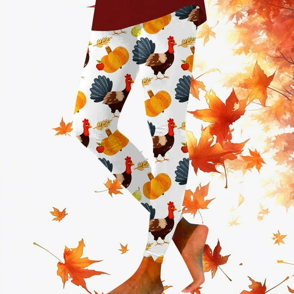 Thanksgiving Turkey Pumpkin Wheat Print High Waisted Tight Fitting Sports Leggings For Women Patterned Leggings for Women Soft plus Size Workout Leggings Women plus Size Running Leggings for Women