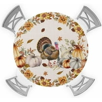 Thanksgiving Turkey Round Tablecloth Fitted Table Cover Decorations,Elastic Tablecloths Waterproof Outdoor Indoor Stretch Cloth Tablecover for Dinner,Party,Shower,Fall Pumpkin Leaves Sunflower 36-44IN