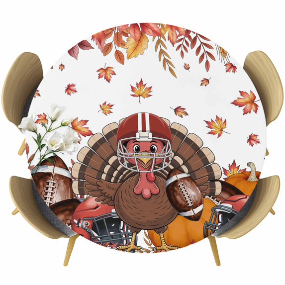 Thanksgiving Turkey Round Tablecloth, Fitted Table Cover with Elastic for 36"-44" Round Tables, Fall Leaves Autumn Pumpkin Country Rustic Table Cloth Outdoor Dinning Party Waterproof Tablecloths