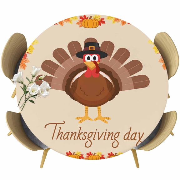Thanksgiving Turkey Round Tablecloth, Fitted Table Cover with Elastic for 36"-44" Round Tables, Fall Maple Leaf Pumpkins Autumn Table Cloth Outdoor Indoor Dinning Party Waterproof Tablecloths