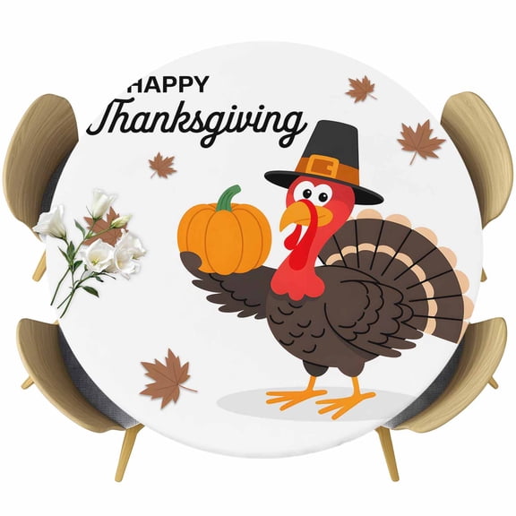 Thanksgiving Turkey Round Tablecloth, Fitted Table Cover with Elastic for 36"-44" Round Tables, Fall Modern Minimalist Maple Leaf Table Cloth Outdoor Indoor Dinning Party Waterproof Tablecloths
