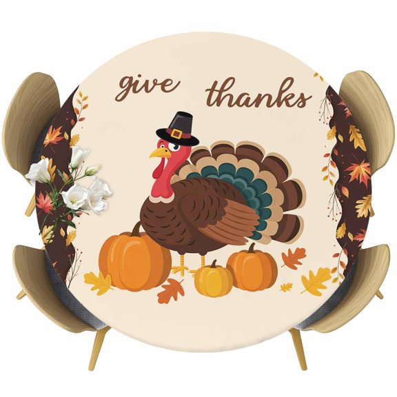 Thanksgiving Turkey Round Tablecloth, Fitted Table Cover with Elastic for 36"-44" Round Tables, Fall Pumpkins Maple Leaves Rustic Table Cloth Outdoor Indoor Dinning Party Waterproof Tablecloths