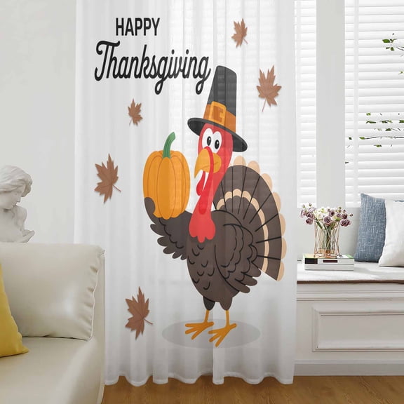 Thanksgiving Turkey Semi Sheer Curtains Drapes for Living Room,Bedroom,French Doors Window 96 Inches Long,Fall Modern Minimalist Maple Leaf Rod Pocket Chiffon Curtain Drapery Voile Draperies Panel