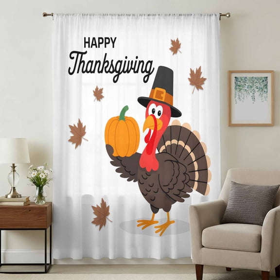 Thanksgiving Turkey Sheer Curtains 108" Extra Long for Living Room, Fall Modern Minimalist Maple Leaf Light Filtering Privacy Drapes, Semi Sheer Window Treatment for Floor to Ceiling Window