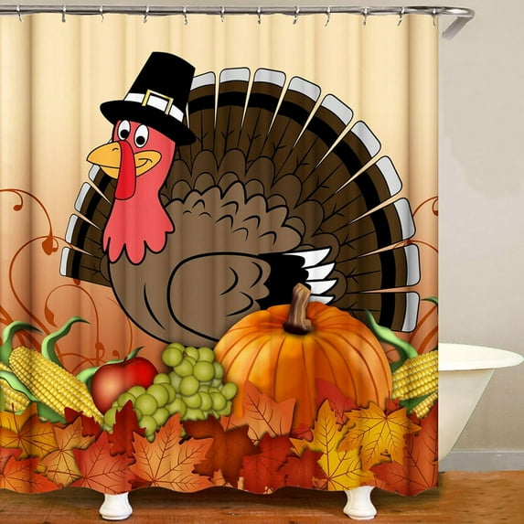 Thanksgiving Turkey Shower Curtain for Bathroom, Farmhouse Fall Pumpkin Shower Curtain for Restroom, Vintage Fabric Autumn Harvest Maple Leaves Shower Curtain (S23)
