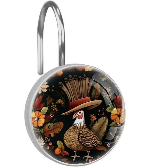 Thanksgiving Turkey Shower Curtain Hooks (Set of 12) for Home Hotel Shower Rods Bathroom Crystal Glass Print Stainless Steel Round Curtain Hooks