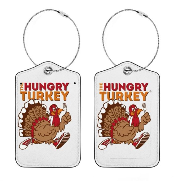 Thanksgiving Turkey Square PU Leather 2 Pack Travel Tag - Bag Tag - Suitcase Tag with Privacy Cover and Stainless Steel Ring - Suitable for Travel, Backpack, and Handbag