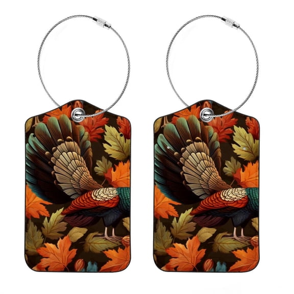 Thanksgiving Turkey Square PU Leather 2 Pack Travel Tag - Bag Tag - Suitcase Tag with Privacy Cover and Stainless Steel Ring - Suitable for Travel, Backpack, and Handbag