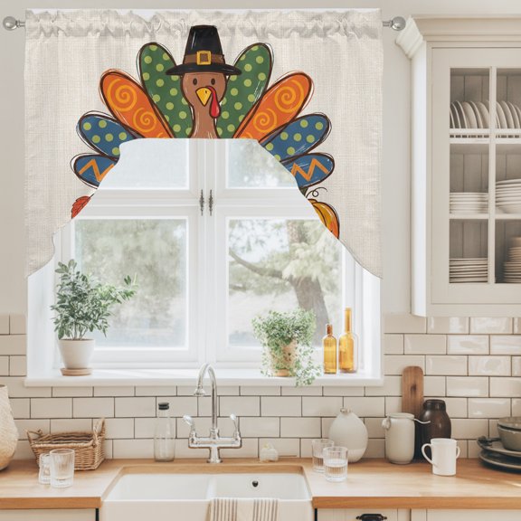 Thanksgiving Turkey Swag Valance for Windows, Fall Cartoon Polka Dot Turkey Pumpkin Retro Swag Curtains Valances for Small Window Treatment Rod Pocket for Kitchen Bathroom 1 Panel 56x36in