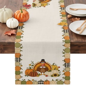 Thanksgiving Turkey Table Runner - 36 Inch Long Fall Harvest Pumpkins Rustic Cotton and Linen Blended Dress Scarves Farmhouse Table Runner for Kitchen Dining, Coffee Table, 13" x 36"