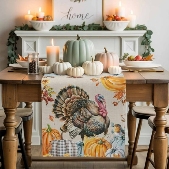 Thanksgiving Turkey Table Runner, Autumn Thanksgiving Kitchen Dining Table Decoration for Home Party Decor 13x120 Inches