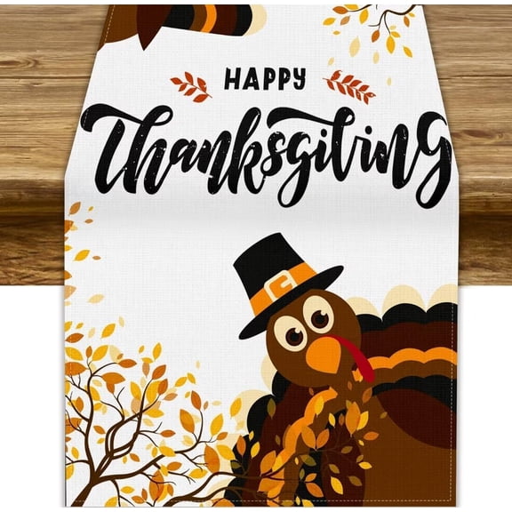 Thanksgiving Turkey Table Runner, Cartoon Turkey Autumn Branch Yellow Leaves Fall Harvest Kitchen Dining Table Decoration for Indoor Outdoor Farmhouse Home Party Decor, 13x120inch