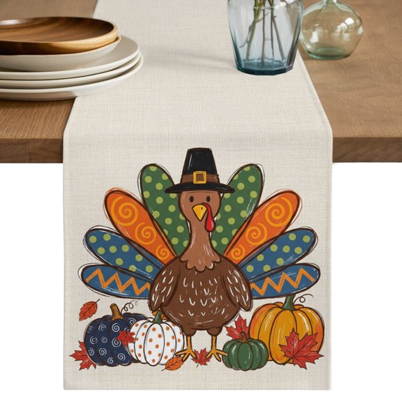 Thanksgiving Turkey Table Runner, Fall Cartoon Polka Dot Turkey Pumpkin Retro Cotton Linen Table Cloth, Tablerunner for Kitchen Dining Party Wedding Home Decor 13x36 Inch