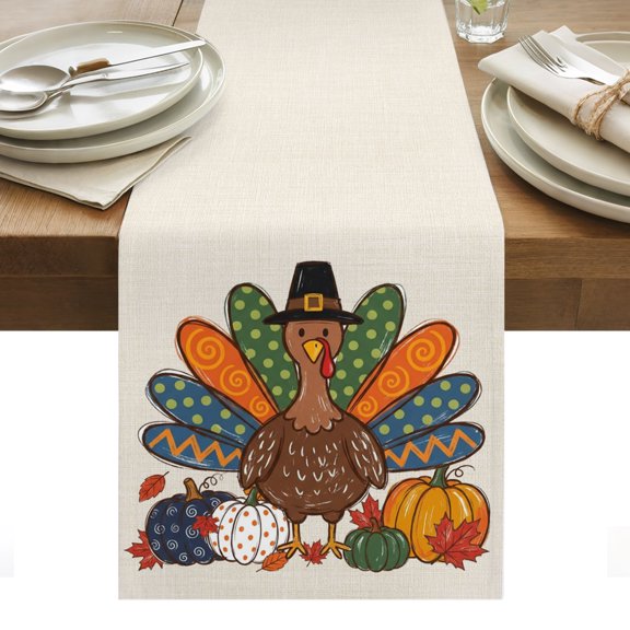Thanksgiving Turkey Table Runner, Fall Cartoon Polka Dot Turkey Pumpkin Retro Washable Kitchen Table Runners Dress Scarves for Dining Table Decorations Party/Restaurant/Indoor Outdoor Use, 13x36in