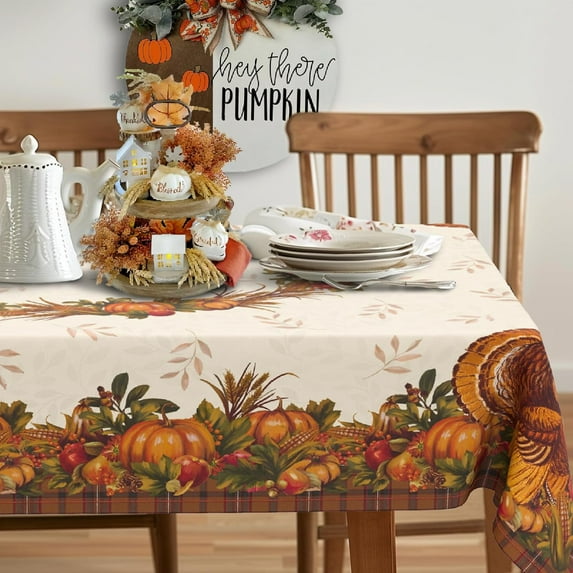 Thanksgiving Turkey Tablecloth Vintage Fall Pumpkin Table Cloth for Kitchen Decoration - 60" X 102" Rectangle/Oblong