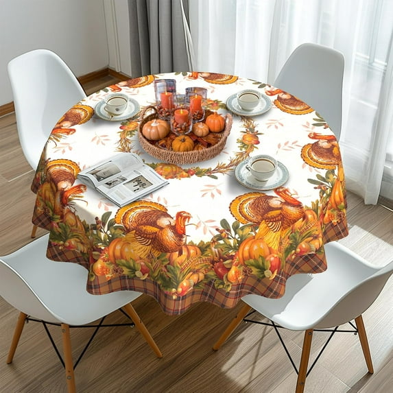 Thanksgiving Turkey Tablecloth Vintage Fall Pumpkin Table Cloth for Kitchen Decoration - 60" X 60" Round