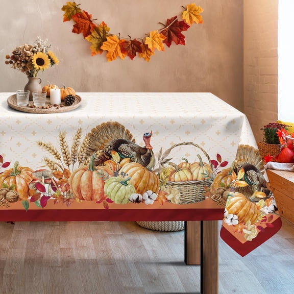 Thanksgiving Turkey Tablecloth Waterproof, Fall Harvest Pumpkins Table Cloth Rectangle Stain Resistant, Washable Table Cover for Home Kitchen Dining Party Decoration (60×84 inch)